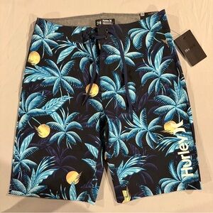 Hurley Men’s Black Boardshorts with Blue Palm Print and Yellow Sun Accents NWT